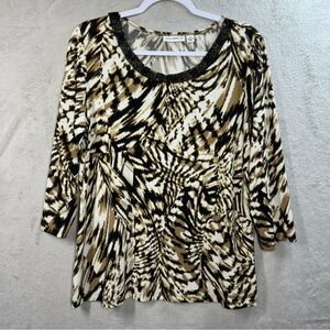 Susan Graver Liquid Knit Blouse Beaded Neckline 3/4 Sleeve Women’s‎ M Animal